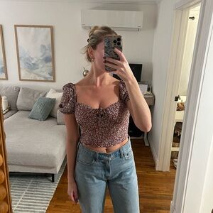 Blush Red Floral Puff Sleeve Crop Top